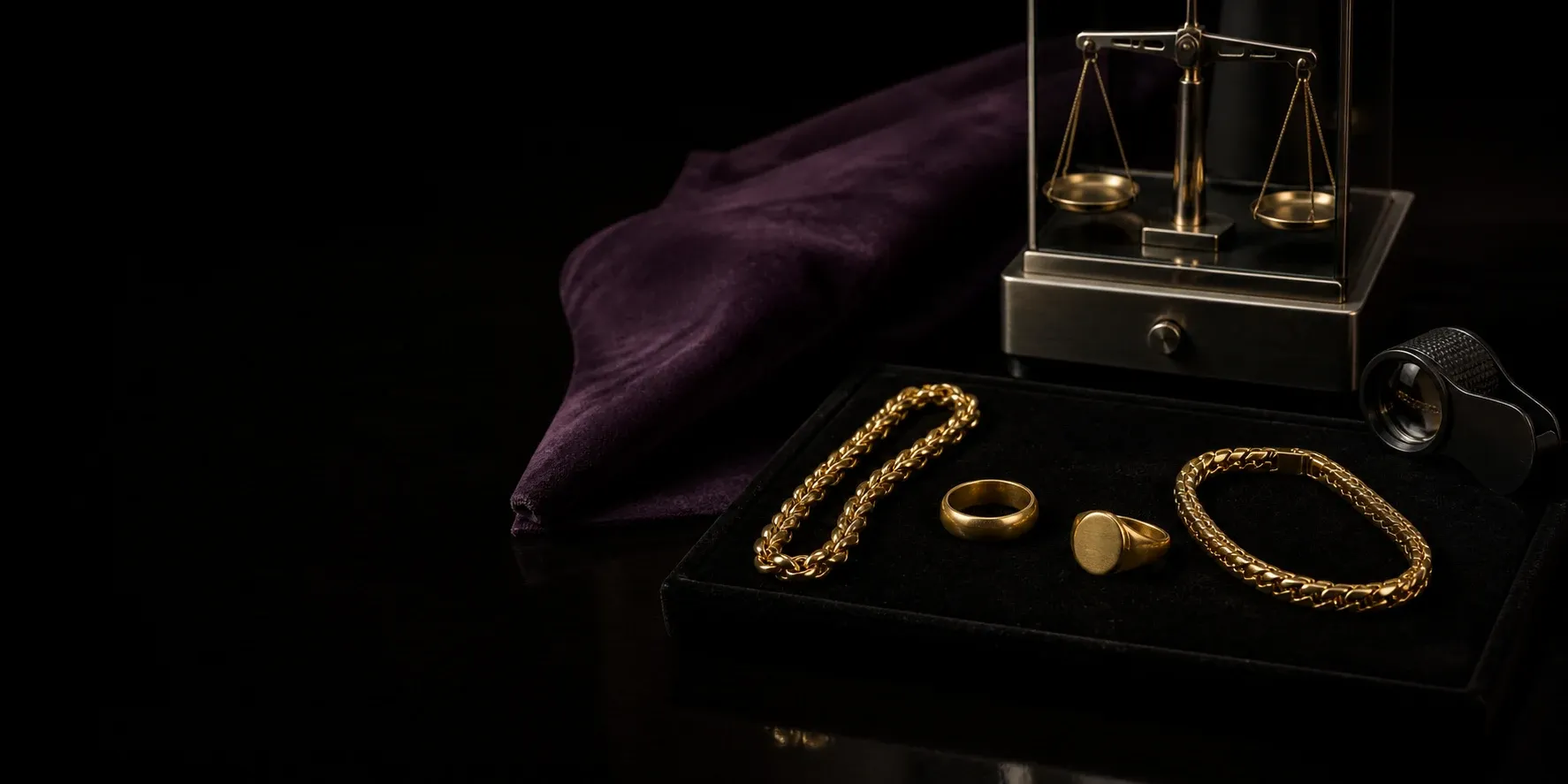 Gold jewelry arranged for a private valuation beside a jeweler's balance and loupe